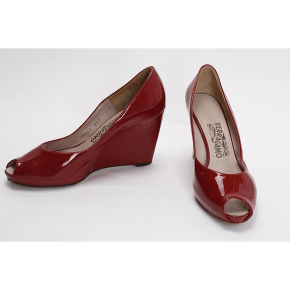 Salvatore Ferragamo Burgundy Patent Leather Peep Toe Wedge Pumps 6.5 B (fits 7) - Picture 8 of 11